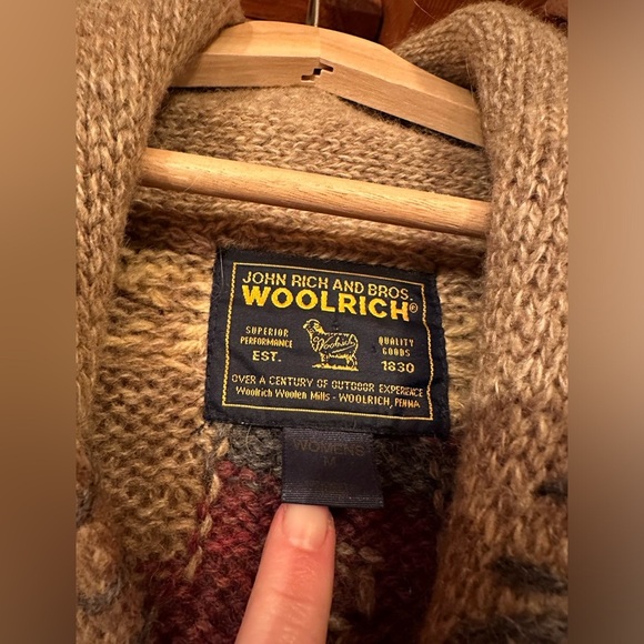 Vintage M 90s WOOLRICH 100% Wool HAND KNIT Aztec Native American Shawl Cardigan - Picture 3 of 4